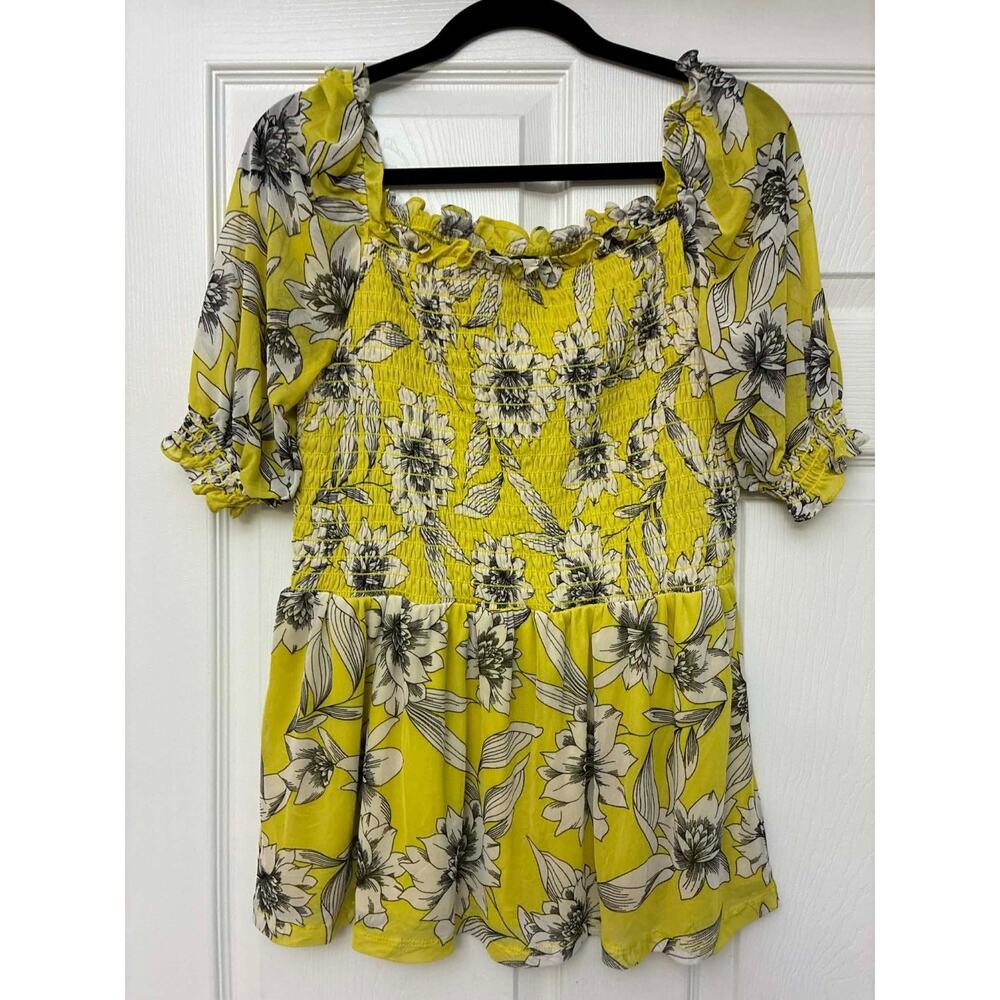 Harper 241 L Yellow Floral Smocked Puff Sleeve Peplum‎ Blouse